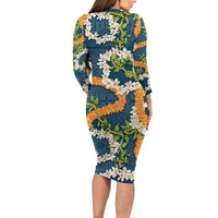 Aloha Festive Hawaii Long Sleeve Bodycon Dress Mokihana - Maile and Ilima on Navy Blue LT7 - Polynesian Pride