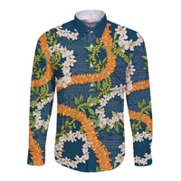 Aloha Festive Hawaii Long Sleeve Button Shirt Mokihana - Maile and Ilima on Navy Blue - Polynesian Pride