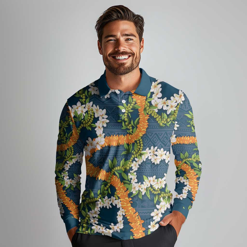 Aloha Festive Hawaii Long Sleeve Polo Shirt Mokihana - Maile and Ilima on Navy Blue - Polynesian Pride