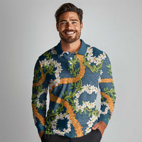Aloha Festive Hawaii Long Sleeve Polo Shirt Mokihana - Maile and Ilima on Navy Blue - Polynesian Pride