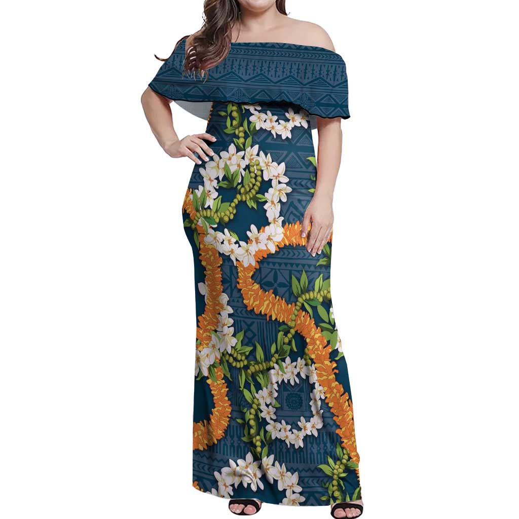 Aloha Festive Hawaii Off Shoulder Maxi Dress Mokihana - Maile and Ilima on Navy Blue LT7 Women Navy Blue - Polynesian Pride