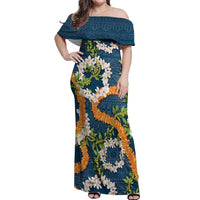 Aloha Festive Hawaii Off Shoulder Maxi Dress Mokihana - Maile and Ilima on Navy Blue LT7 Women Navy Blue - Polynesian Pride