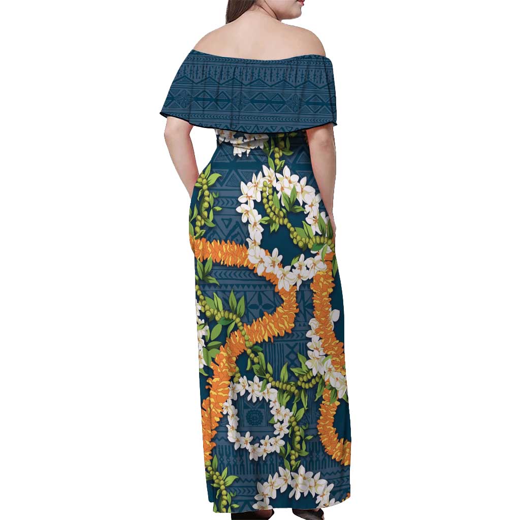 Aloha Festive Hawaii Off Shoulder Maxi Dress Mokihana - Maile and Ilima on Navy Blue LT7 - Polynesian Pride