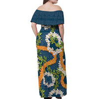 Aloha Festive Hawaii Off Shoulder Maxi Dress Mokihana - Maile and Ilima on Navy Blue LT7 - Polynesian Pride