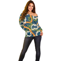 Aloha Festive Hawaii Off Shoulder Sweater Mokihana - Maile and Ilima on Navy Blue - Polynesian Pride