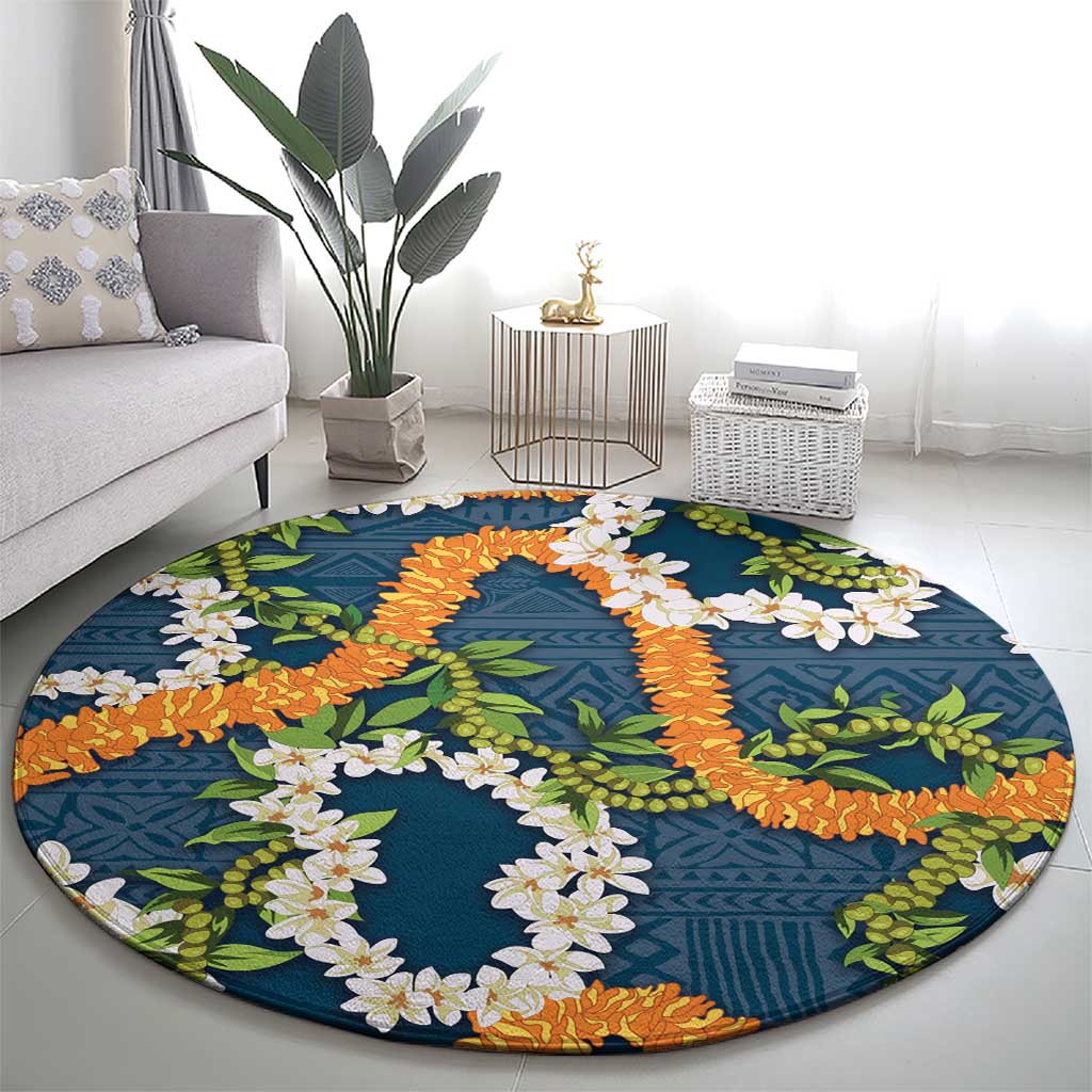 Aloha Festive Hawaii Round Carpet Mokihana - Maile and Ilima on Navy Blue - Polynesian Pride