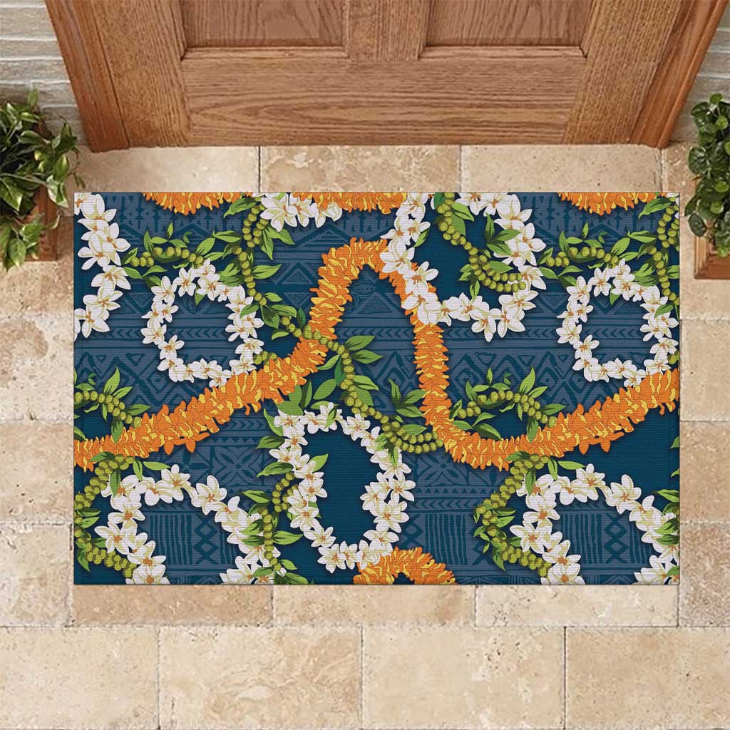 Aloha Festive Hawaii Rubber Doormat Mokihana - Maile and Ilima on Navy Blue - Polynesian Pride