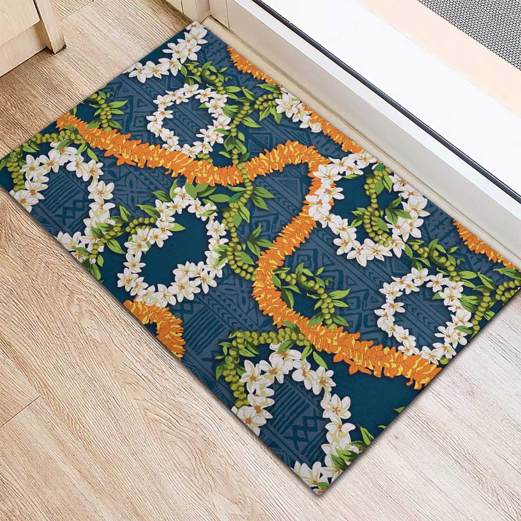 Aloha Festive Hawaii Rubber Doormat Mokihana - Maile and Ilima on Navy Blue - Polynesian Pride