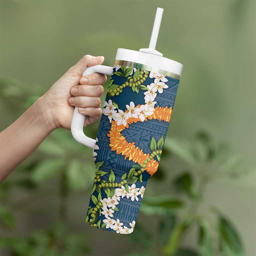 Aloha Festive Hawaii Tumbler With Handle Mokihana - Maile and Ilima on Navy Blue - Polynesian Pride