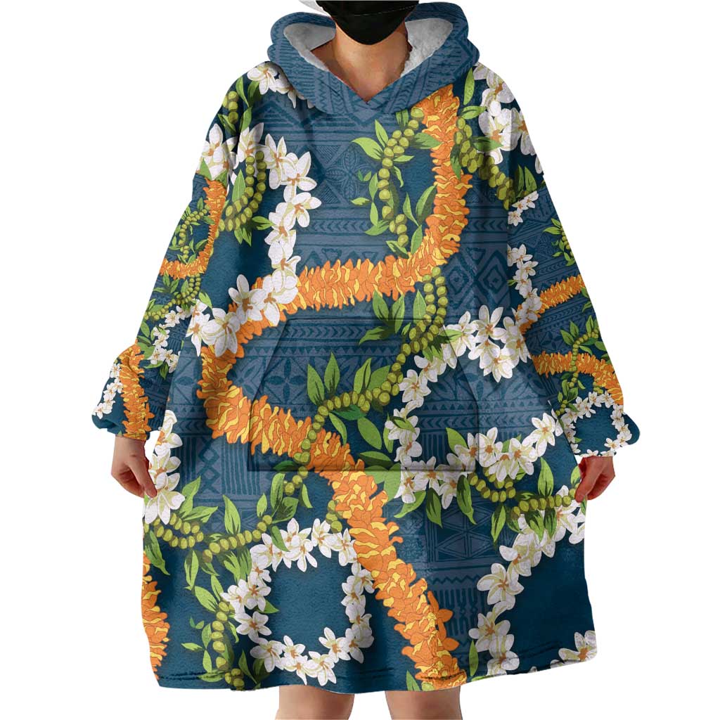 Aloha Festive Hawaii Wearable Blanket Hoodie Mokihana - Maile and Ilima on Navy Blue - Polynesian Pride