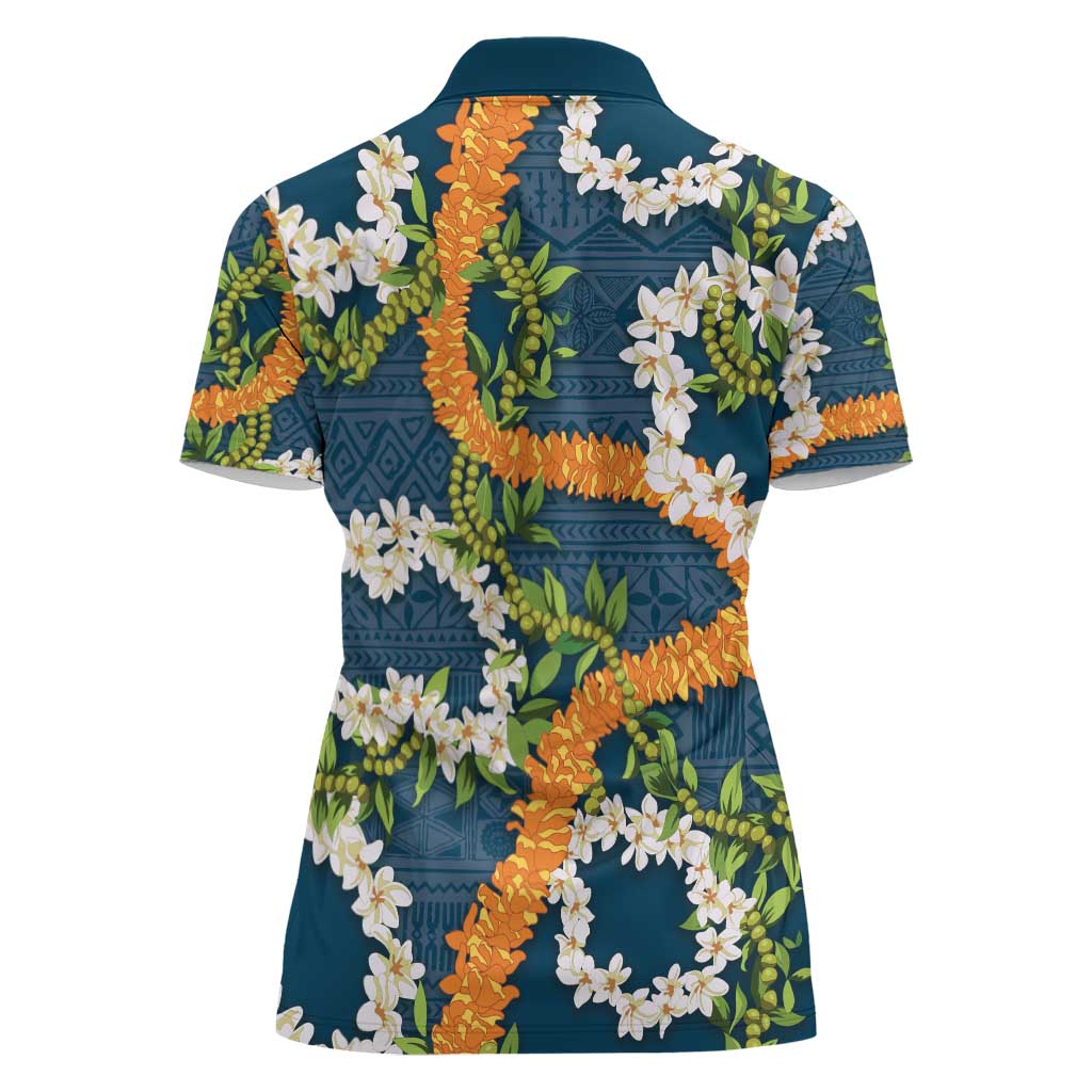 Aloha Festive Hawaii Women Polo Shirt Mokihana - Maile and Ilima on Navy Blue - Polynesian Pride