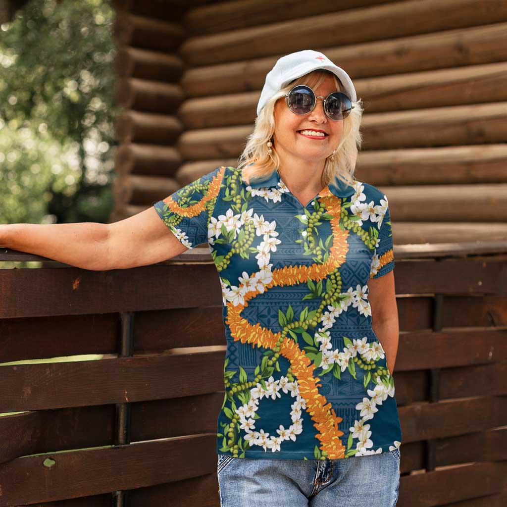 Aloha Festive Hawaii Women Polo Shirt Mokihana - Maile and Ilima on Navy Blue - Polynesian Pride