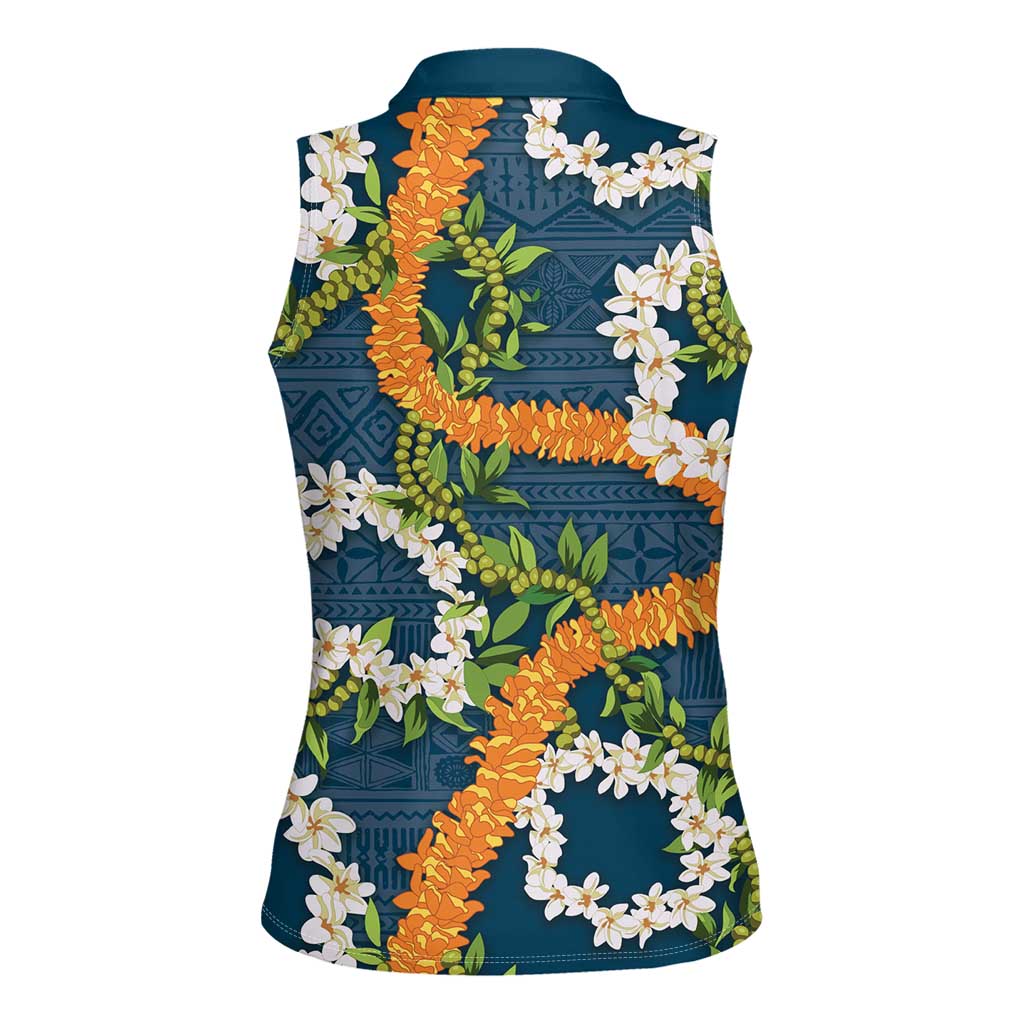 Aloha Festive Hawaii Women Sleeveless Polo Shirt Mokihana - Maile and Ilima on Navy Blue - Polynesian Pride