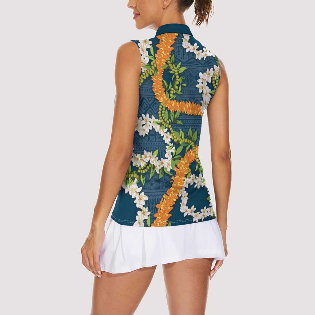 Aloha Festive Hawaii Women Sleeveless Polo Shirt Mokihana - Maile and Ilima on Navy Blue - Polynesian Pride
