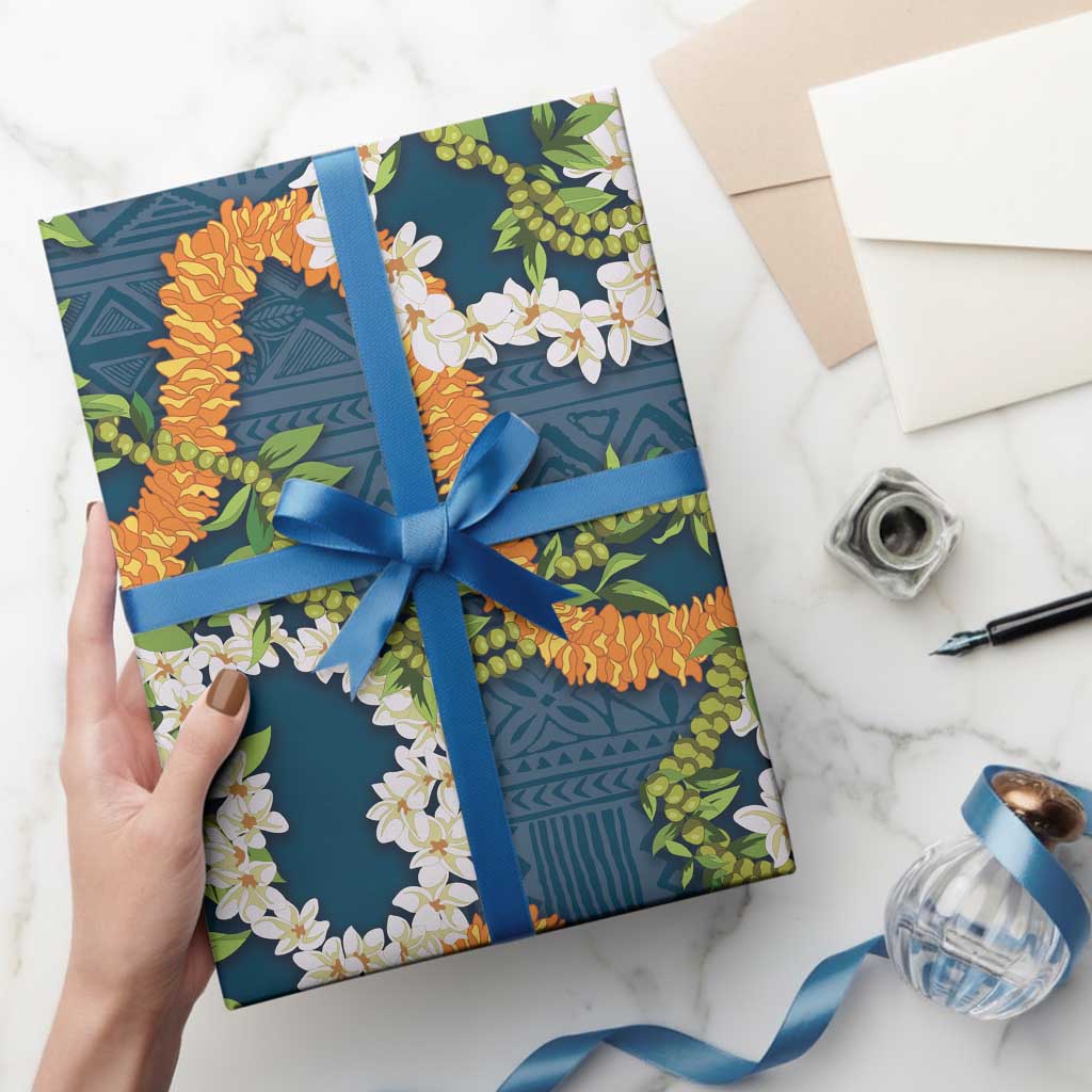 Aloha Festive Hawaii Wrapping Paper Mokihana - Maile and Ilima on Navy Blue LT7 - Polynesian Pride