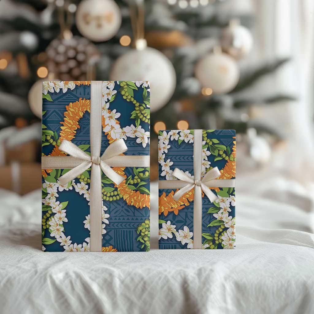Aloha Festive Hawaii Wrapping Paper Mokihana - Maile and Ilima on Navy Blue LT7 - Polynesian Pride