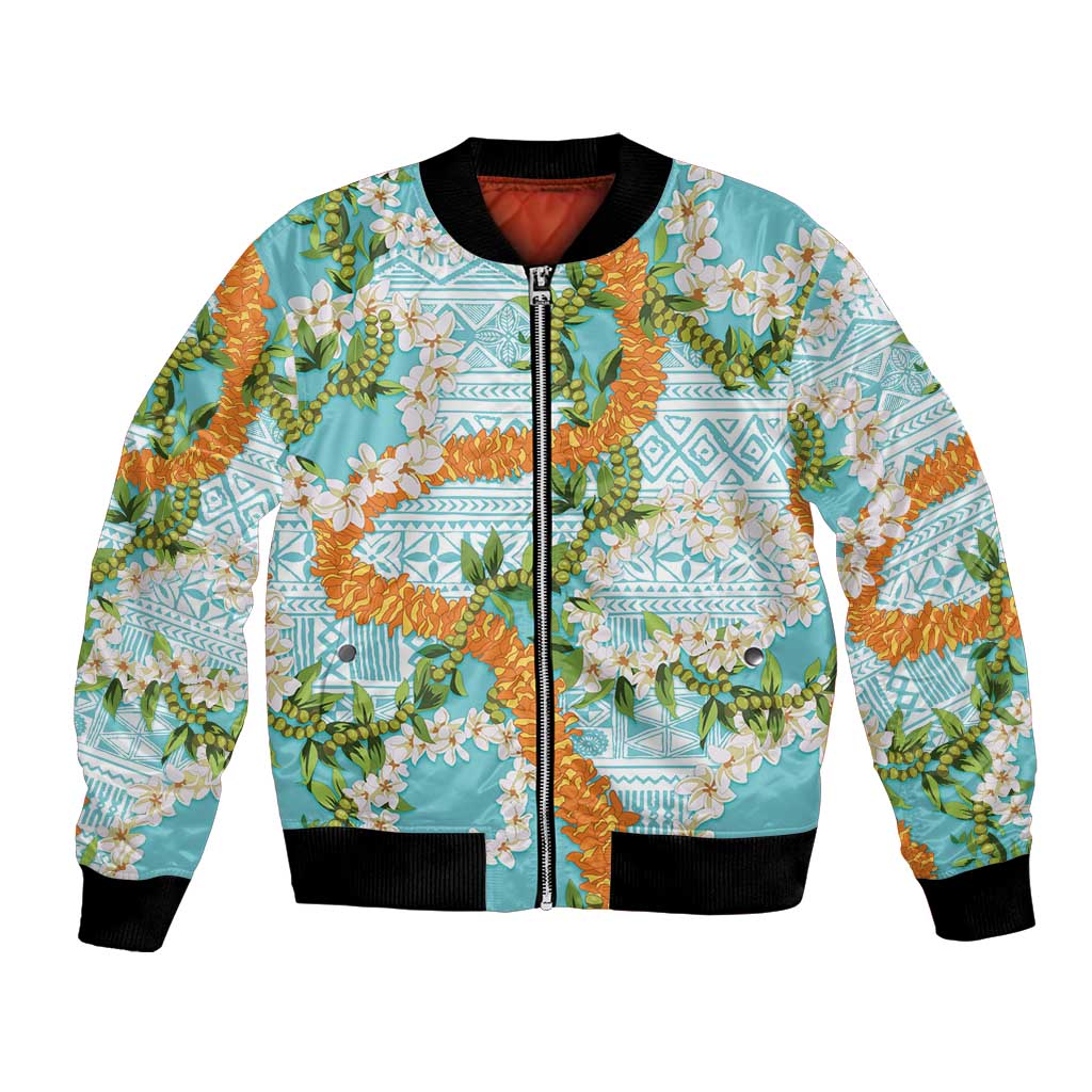 Aloha Festive Hawaii Bomber Jacket Mokihana - Maile and Ilima on Turquoise - Polynesian Pride
