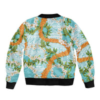 Aloha Festive Hawaii Bomber Jacket Mokihana - Maile and Ilima on Turquoise - Polynesian Pride