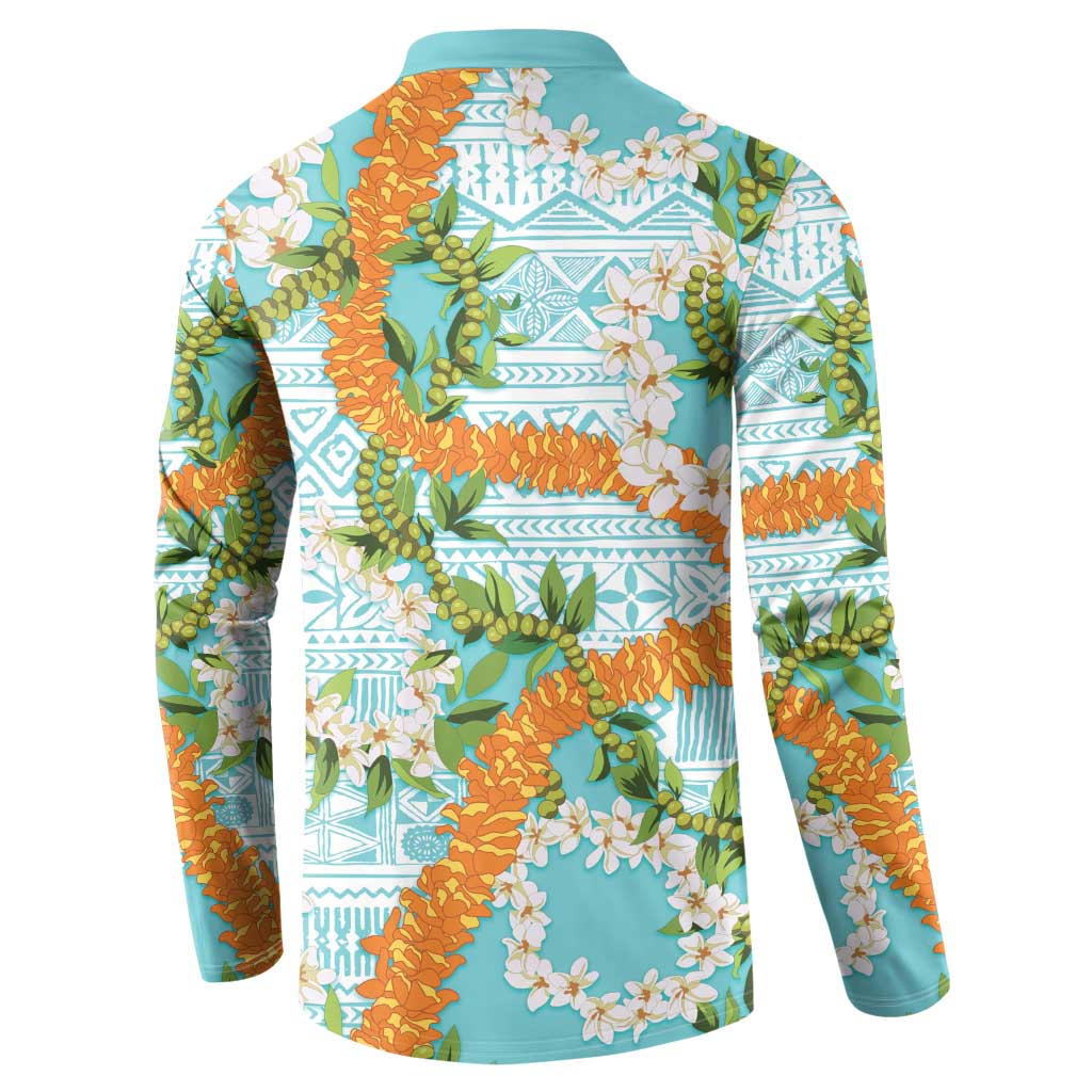 Aloha Festive Hawaii Button Sweatshirt Mokihana - Maile and Ilima on Turquoise - Polynesian Pride