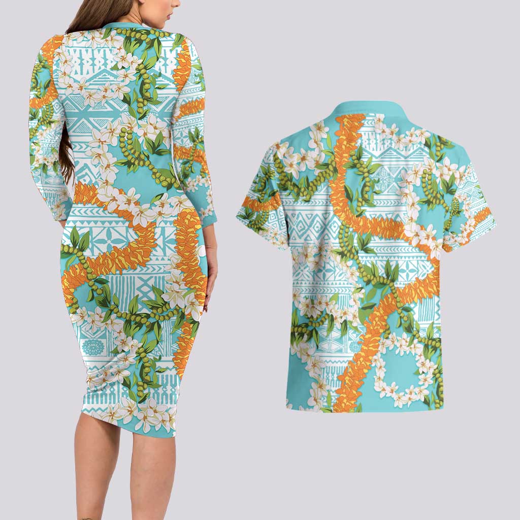 Aloha Festive Hawaii Couples Matching Long Sleeve Bodycon Dress and Hawaiian Shirt Mokihana - Maile and Ilima on Turquoise - Polynesian Pride