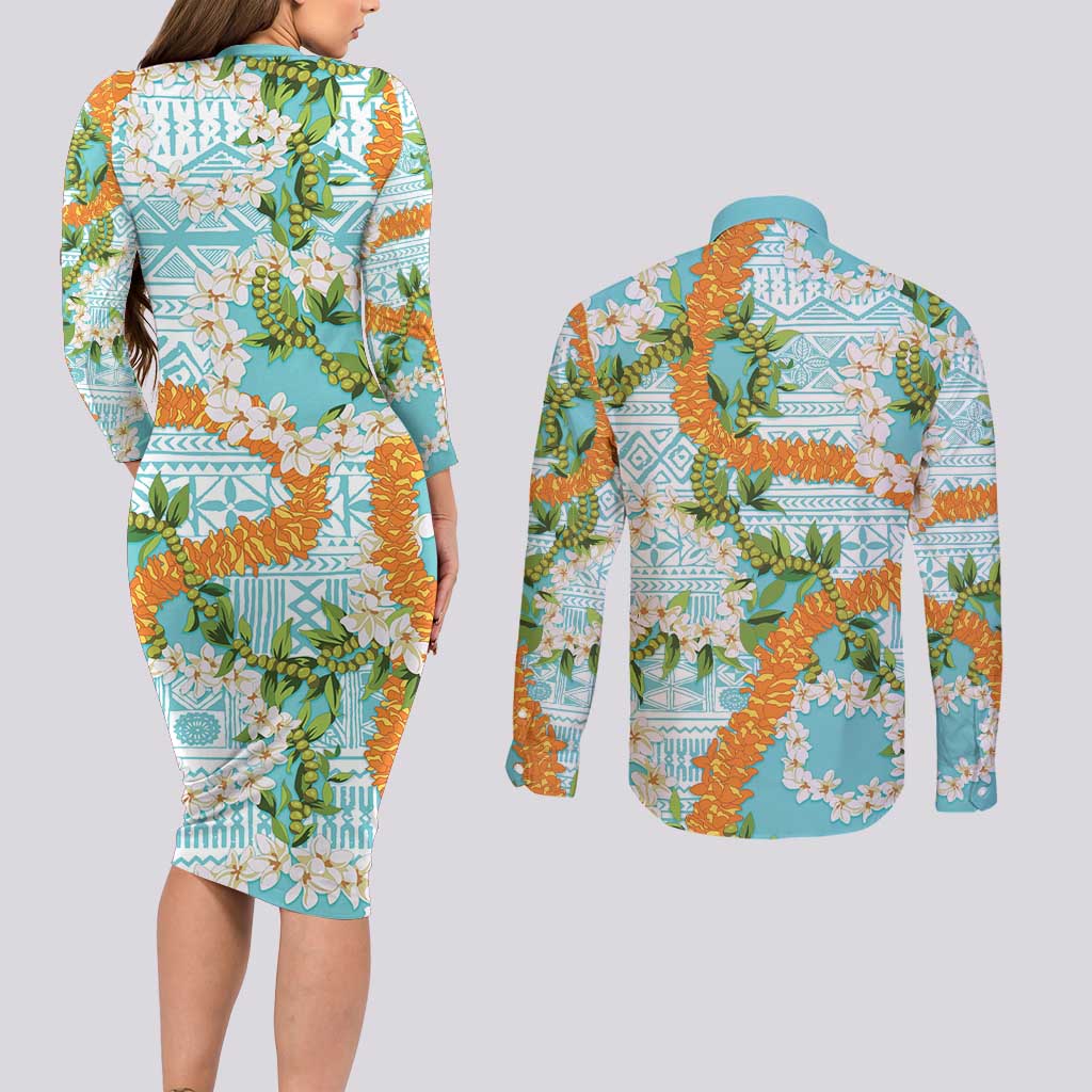 Aloha Festive Hawaii Couples Matching Long Sleeve Bodycon Dress and Long Sleeve Button Shirt Mokihana - Maile and Ilima on Turquoise - Polynesian Pride