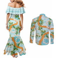 Aloha Festive Hawaii Couples Matching Mermaid Dress and Long Sleeve Button Shirt Mokihana - Maile and Ilima on Turquoise - Polynesian Pride