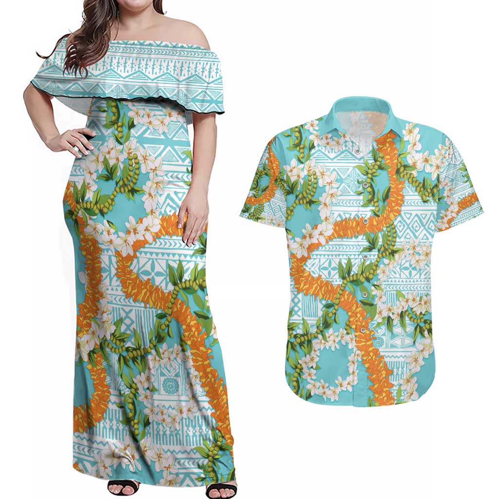 Aloha Festive Hawaii Couples Matching Off Shoulder Maxi Dress and Hawaiian Shirt Mokihana - Maile and Ilima on Turquoise - Polynesian Pride