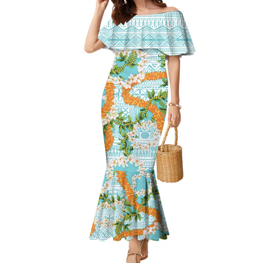 Aloha Festive Hawaii Family Matching Mermaid Dress and Hawaiian Shirt Mokihana - Maile and Ilima on Turquoise - Polynesian Pride