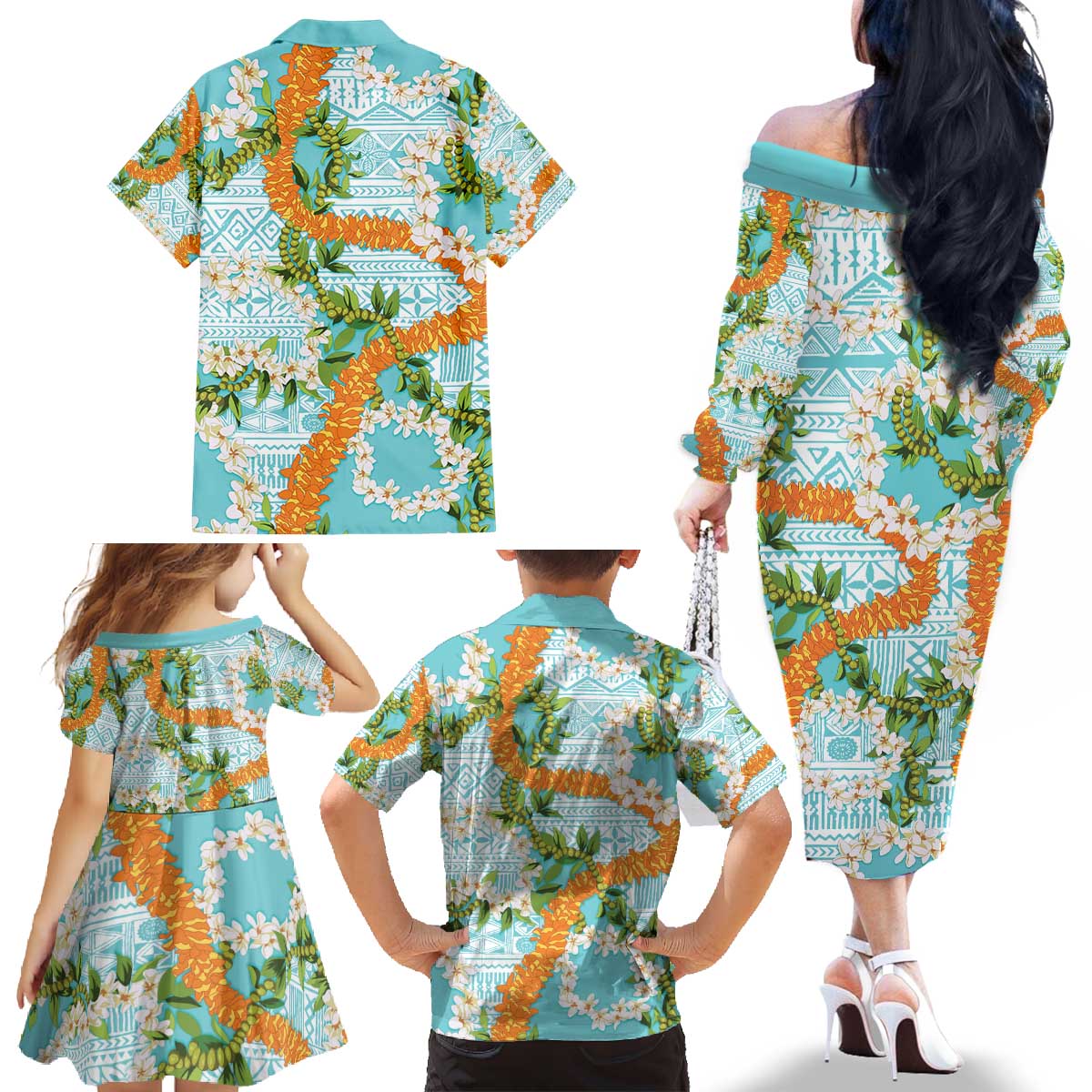 Aloha Festive Hawaii Family Matching Off The Shoulder Long Sleeve Dress and Hawaiian Shirt Mokihana - Maile and Ilima on Turquoise - Polynesian Pride