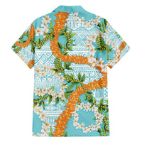 Aloha Festive Hawaii Family Matching Off The Shoulder Long Sleeve Dress and Hawaiian Shirt Mokihana - Maile and Ilima on Turquoise - Polynesian Pride