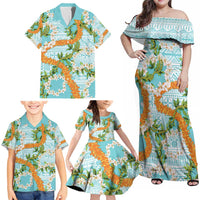 Aloha Festive Hawaii Family Matching Off Shoulder Maxi Dress and Hawaiian Shirt Mokihana - Maile and Ilima on Turquoise - Polynesian Pride