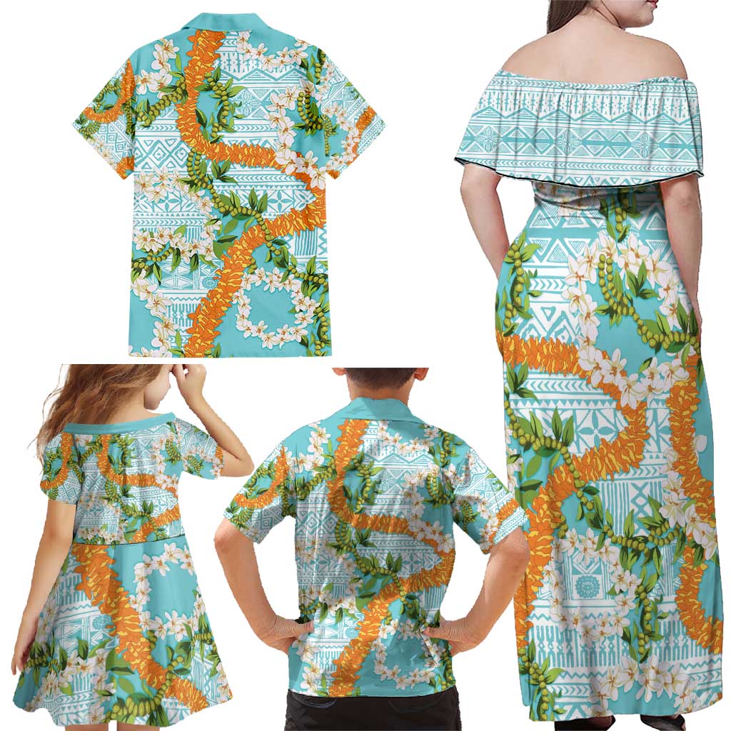 Aloha Festive Hawaii Family Matching Off Shoulder Maxi Dress and Hawaiian Shirt Mokihana - Maile and Ilima on Turquoise - Polynesian Pride
