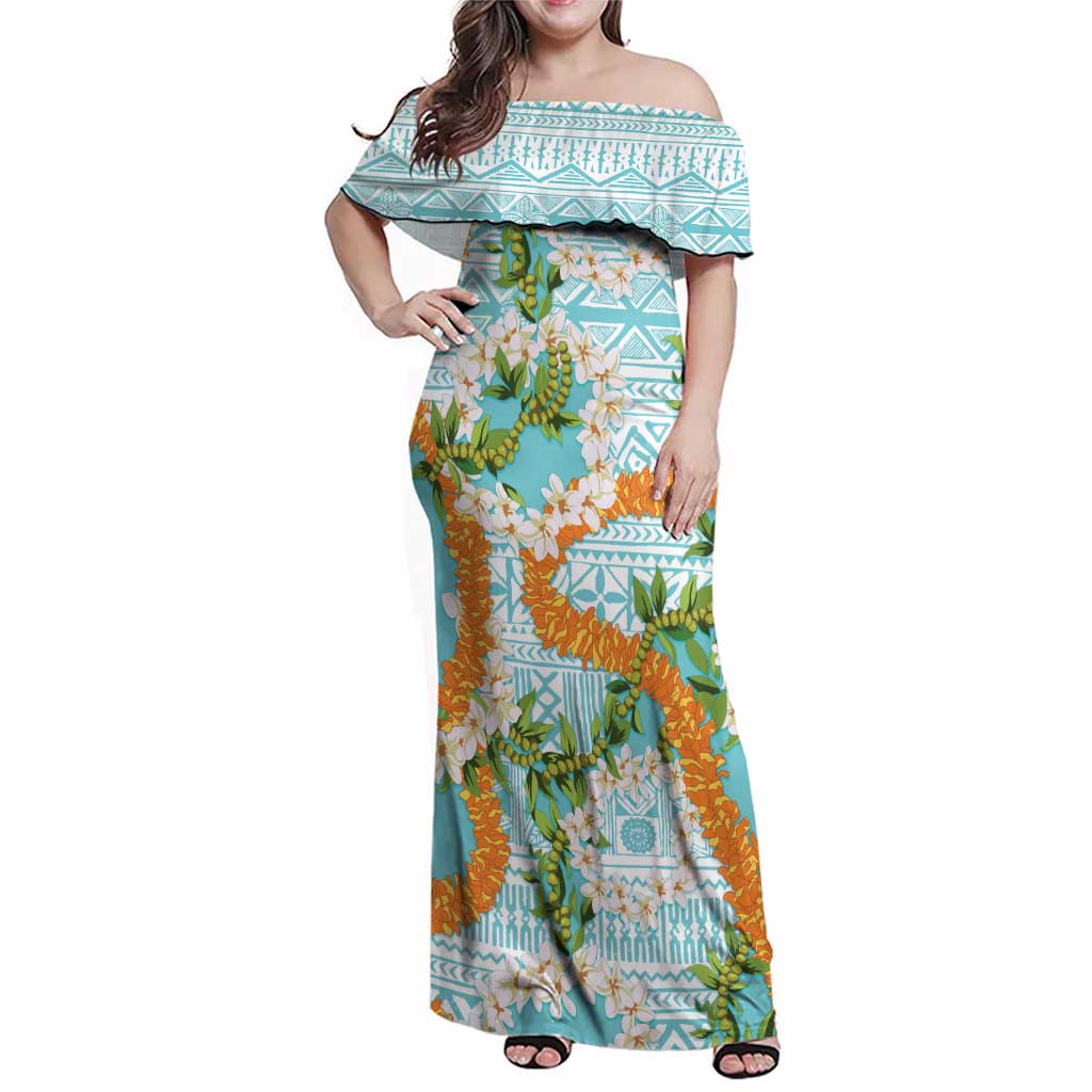 Aloha Festive Hawaii Family Matching Off Shoulder Maxi Dress and Hawaiian Shirt Mokihana - Maile and Ilima on Turquoise - Polynesian Pride