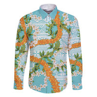 Aloha Festive Hawaii Family Matching Off Shoulder Short Dress and Hawaiian Shirt Mokihana - Maile and Ilima on Turquoise - Polynesian Pride