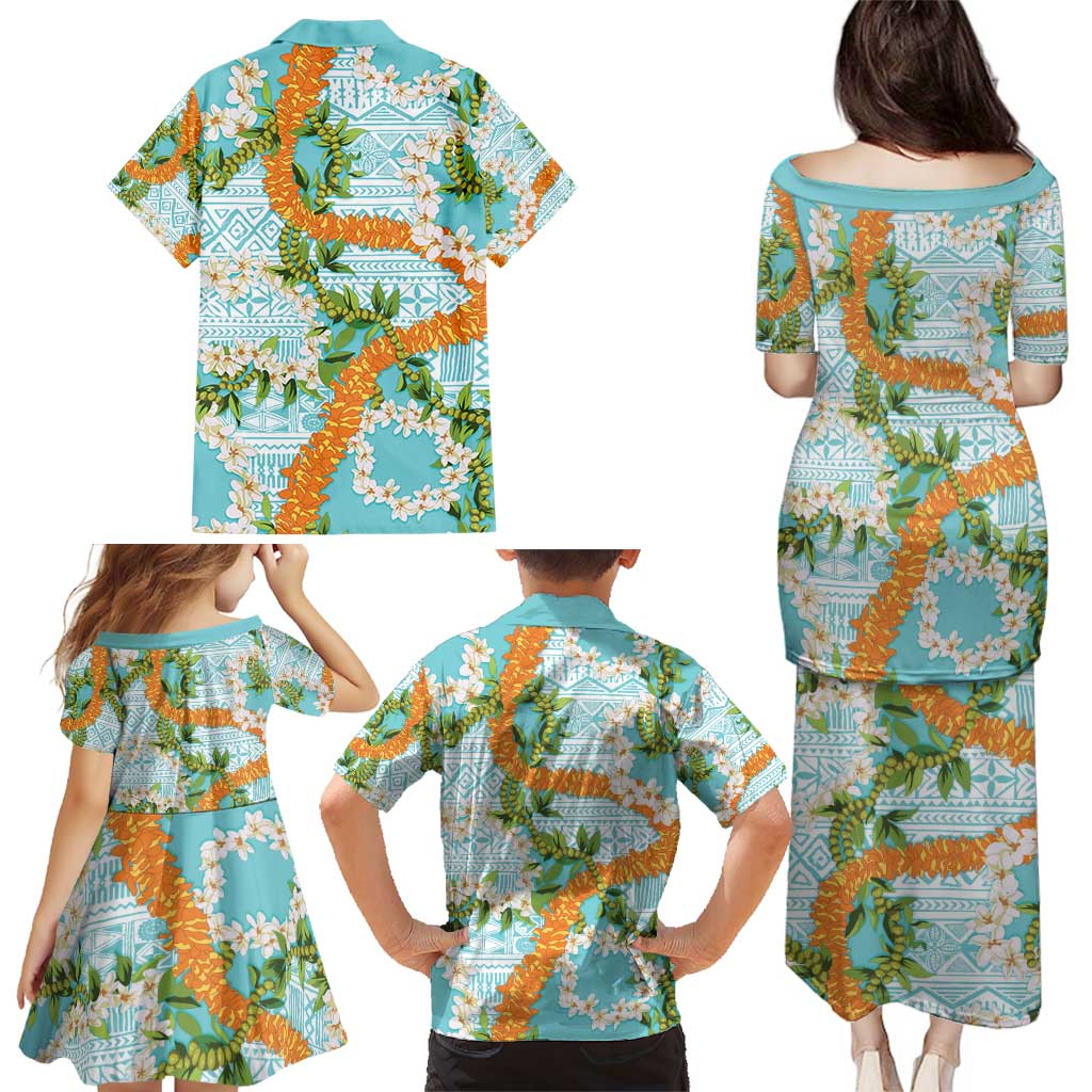 Aloha Festive Hawaii Family Matching Puletasi and Hawaiian Shirt Mokihana - Maile and Ilima on Turquoise - Polynesian Pride