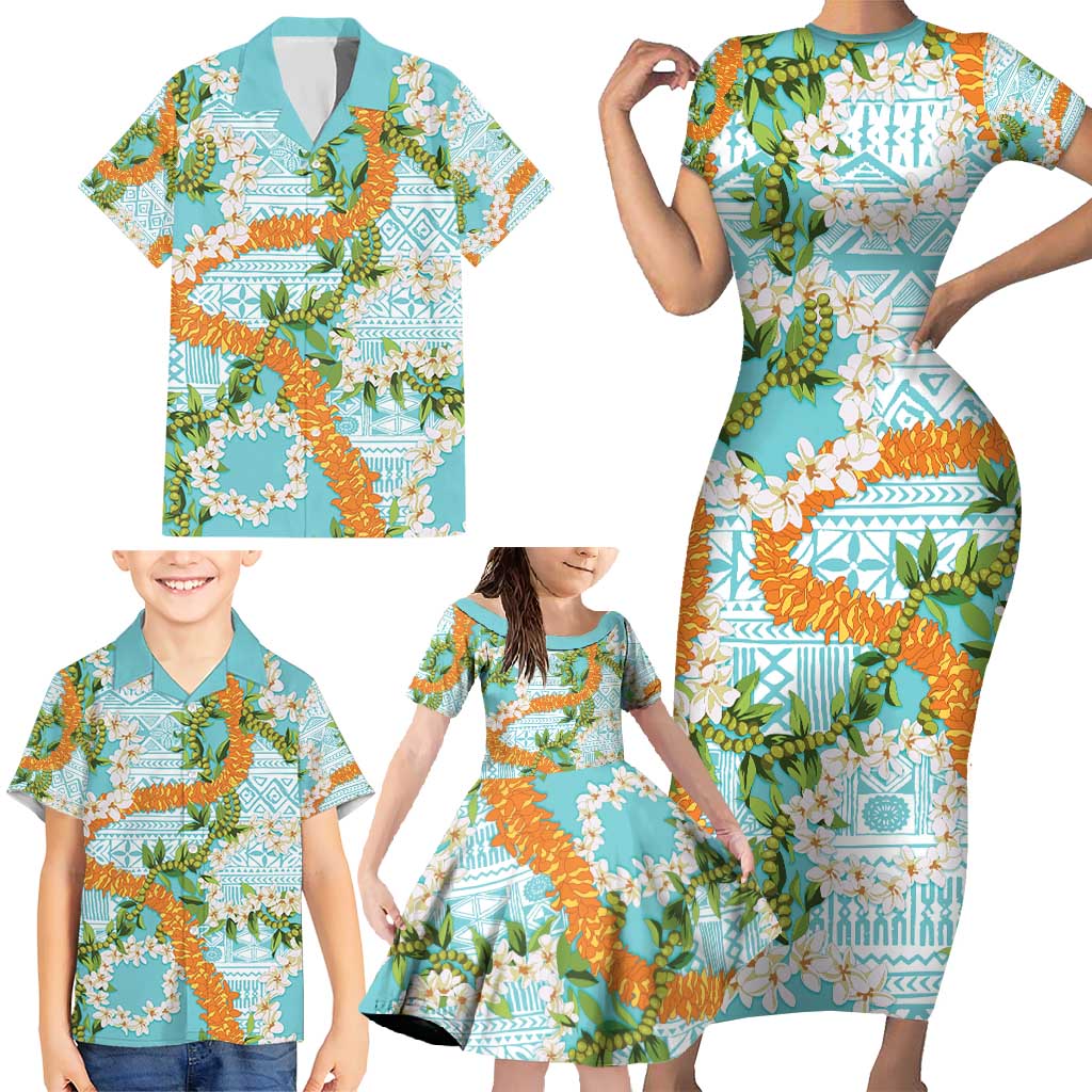Aloha Festive Hawaii Family Matching Short Sleeve Bodycon Dress and Hawaiian Shirt Mokihana - Maile and Ilima on Turquoise - Polynesian Pride