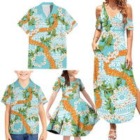 Aloha Festive Hawaii Family Matching Summer Maxi Dress and Hawaiian Shirt Mokihana - Maile and Ilima on Turquoise - Polynesian Pride