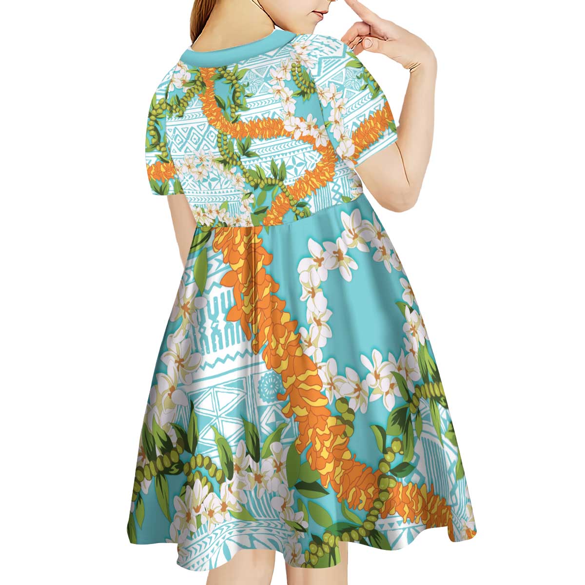 Aloha Festive Hawaii Kid Short Sleeve Dress Mokihana - Maile and Ilima on Turquoise - Polynesian Pride