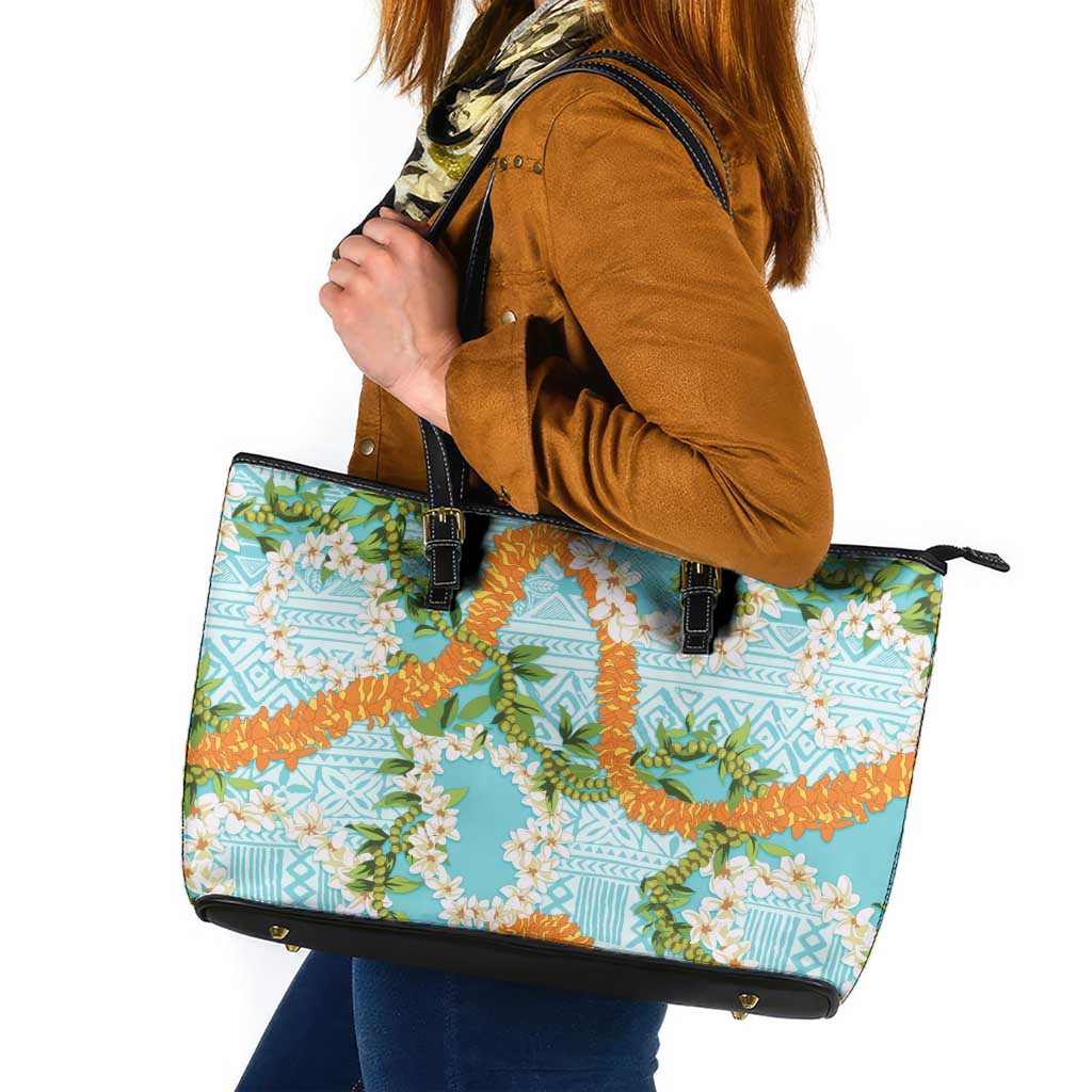Aloha Festive Hawaii Leather Tote Bag Mokihana - Maile and Ilima on Turquoise - Polynesian Pride