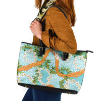 Aloha Festive Hawaii Leather Tote Bag Mokihana - Maile and Ilima on Turquoise - Polynesian Pride