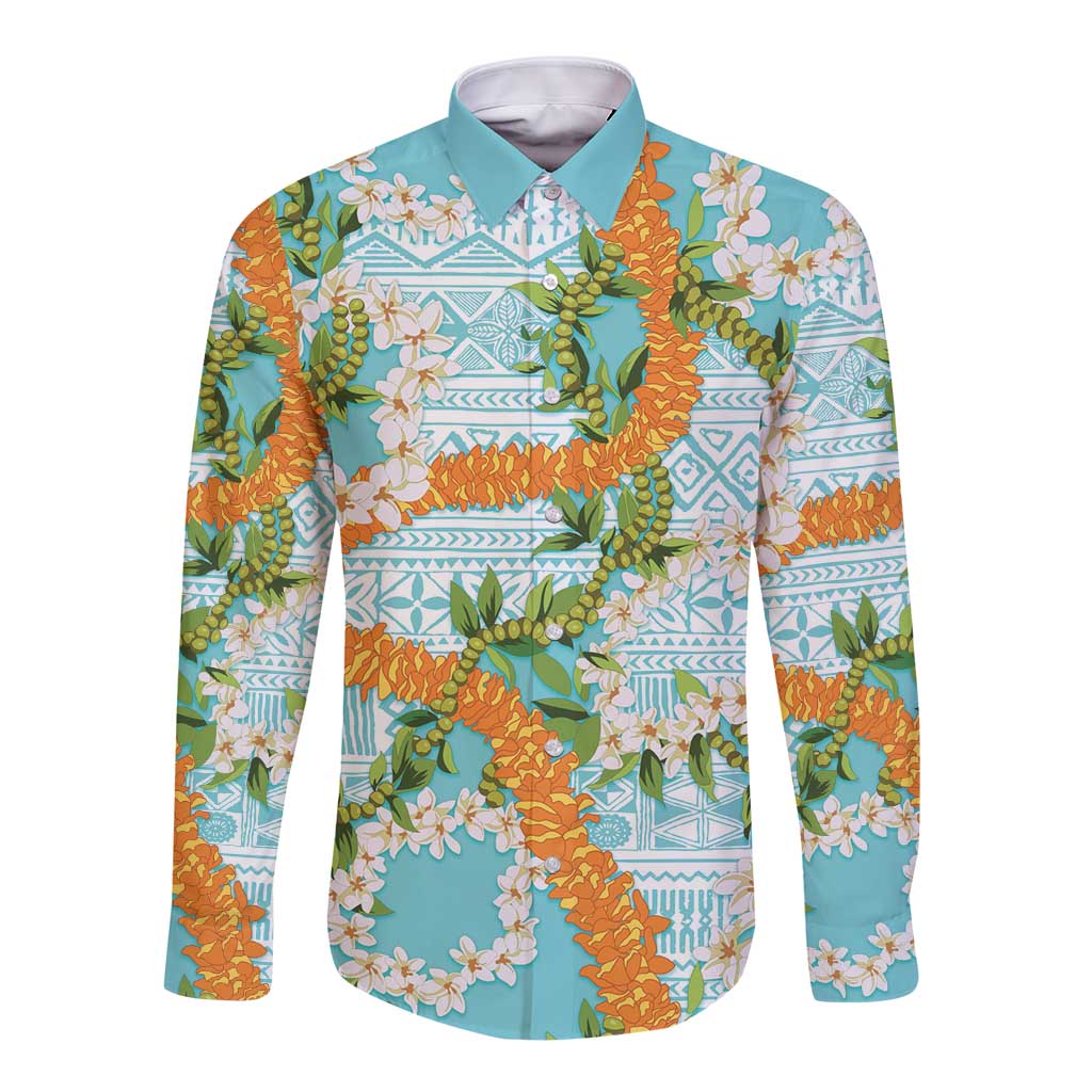 Aloha Festive Hawaii Long Sleeve Button Shirt Mokihana - Maile and Ilima on Turquoise - Polynesian Pride