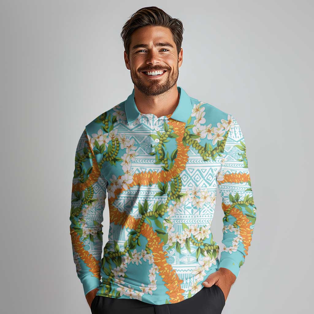Aloha Festive Hawaii Long Sleeve Polo Shirt Mokihana - Maile and Ilima on Turquoise - Polynesian Pride
