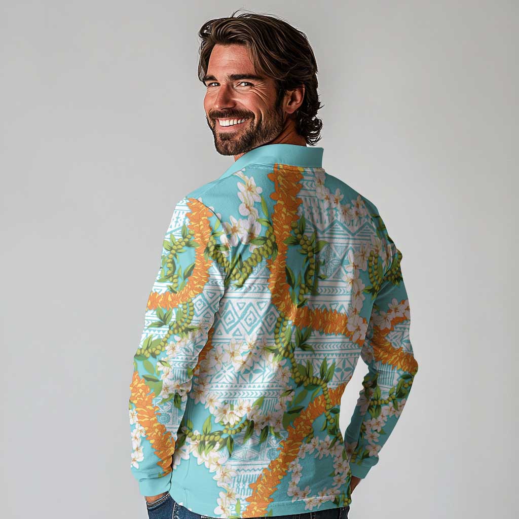 Aloha Festive Hawaii Long Sleeve Polo Shirt Mokihana - Maile and Ilima on Turquoise - Polynesian Pride