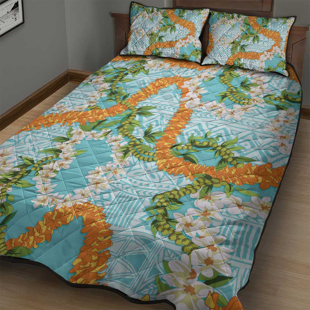 Aloha Festive Hawaii Quilt Bed Set Mokihana - Maile and Ilima on Turquoise - Polynesian Pride