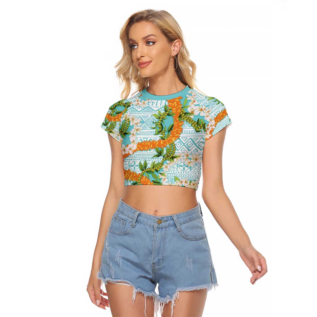 Aloha Festive Hawaii Raglan Cropped T Shirt Mokihana - Maile and Ilima on Turquoise - Polynesian Pride