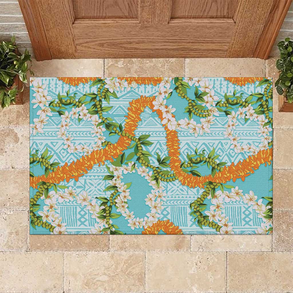 Aloha Festive Hawaii Rubber Doormat Mokihana - Maile and Ilima on Turquoise - Polynesian Pride