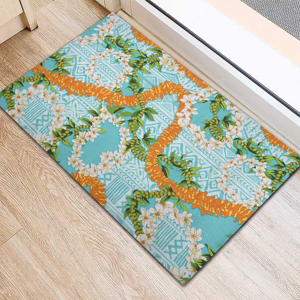 Aloha Festive Hawaii Rubber Doormat Mokihana - Maile and Ilima on Turquoise - Polynesian Pride