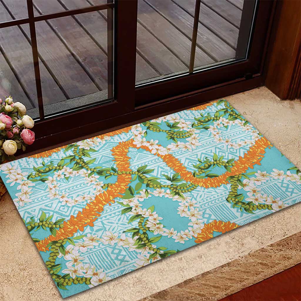 Aloha Festive Hawaii Rubber Doormat Mokihana - Maile and Ilima on Turquoise - Polynesian Pride