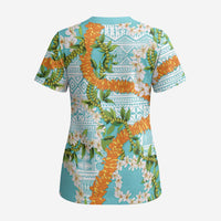 Aloha Festive Hawaii Scrub Top Mokihana - Maile and Ilima on Turquoise - Polynesian Pride
