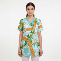 Aloha Festive Hawaii Scrub Top Mokihana - Maile and Ilima on Turquoise - Polynesian Pride